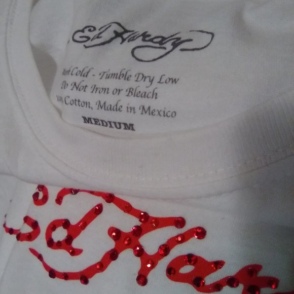 Ed Hardy White Short Sleeve with Rhinestones "Love Dies Hard" T-shirt - Picture 7 of 13